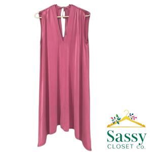 ERI + ALI Berry Pink Asymmetrical Dress Cupro Blend V‑Neck Keyhole Tie Sz S EUC